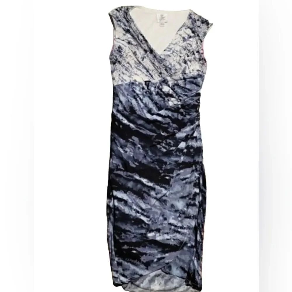 Suzi Chin Dress Women's 2 Blue Sheath Draped V Neck Watercolor